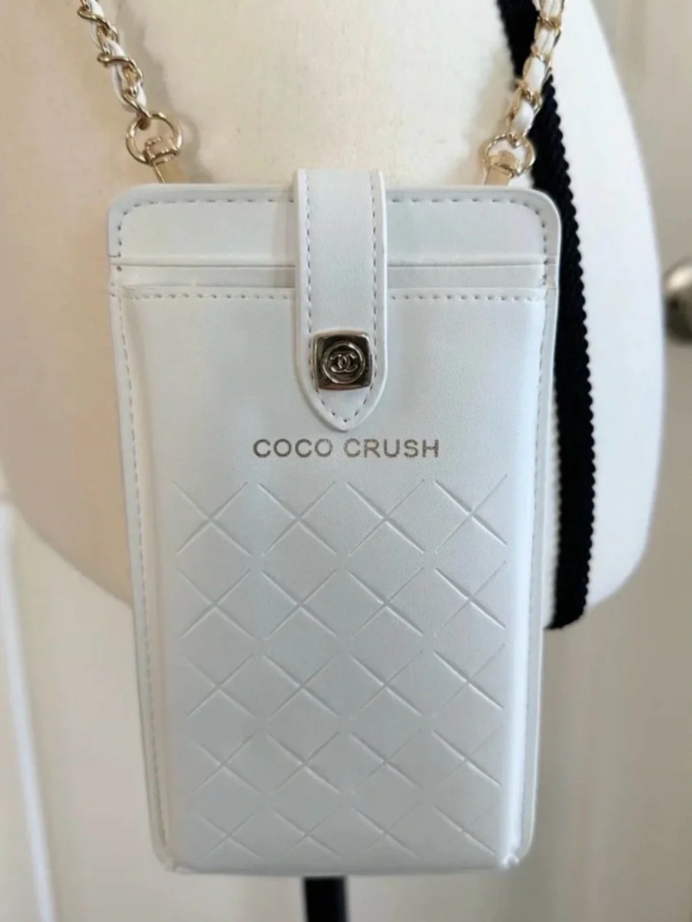 COCO Crush Quilted White Crossbody Phone Case with Gold Chain